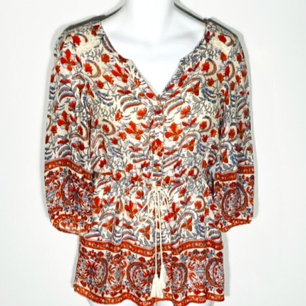 En Creme SZ S Batik Print Button Front Romper Boho Cottage Core Western Festival